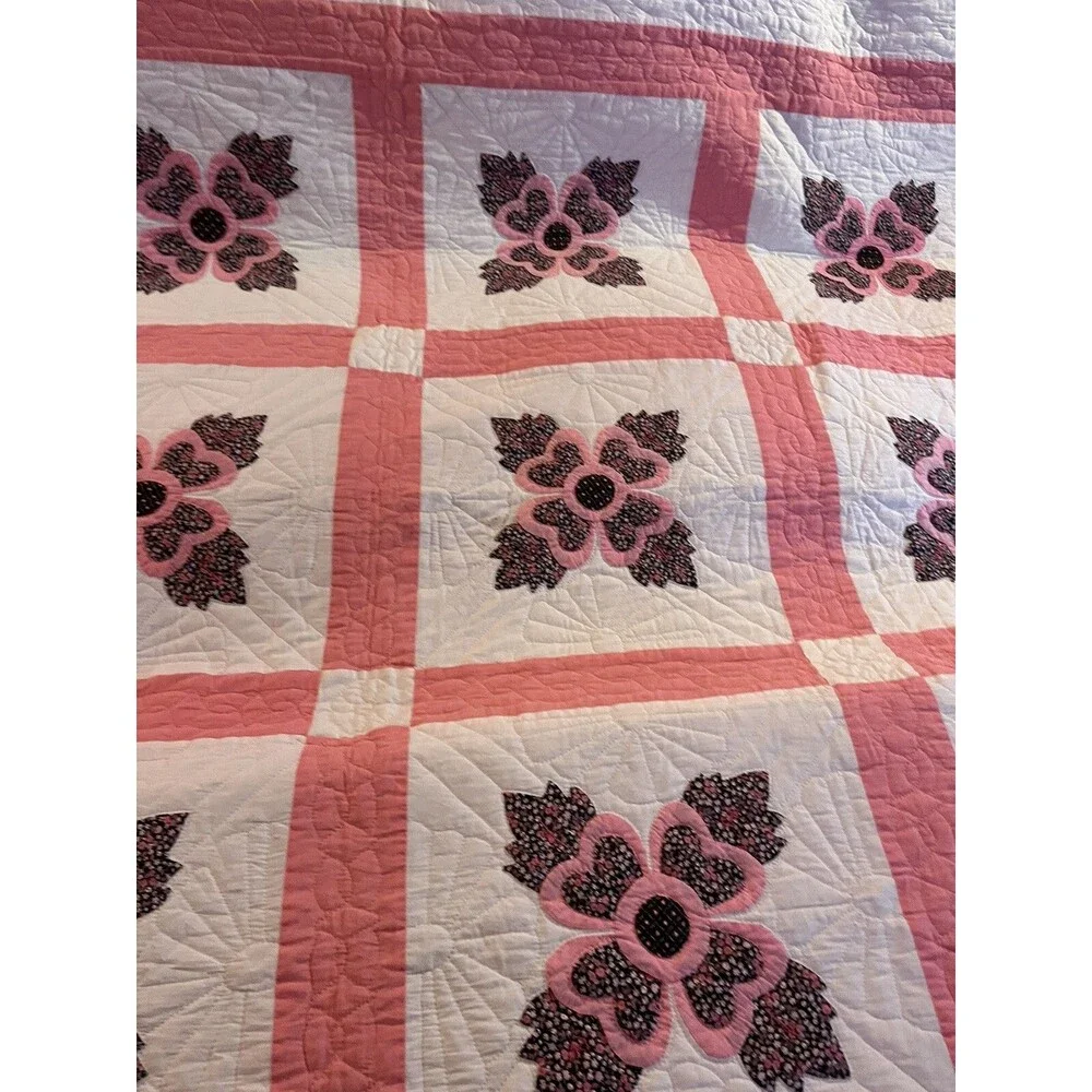 Vintage Hand Sewn Appliqué Quilt Rose Flowers 80x96” Not Used, Not Washed
